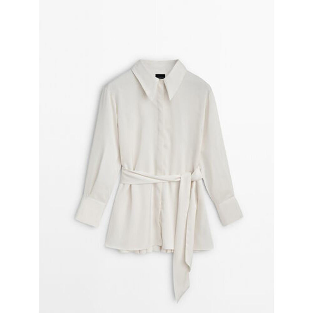Massimo Dutti Pleated White 'Studio' Shirt With Tie Detail Size S